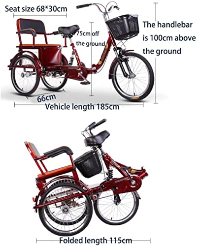 Triciclo para adultos de 20 pulgadas, bicicleta de 3 ruedas, plegable, de tres ruedas, de acero con alto contenido de carbono, doble cadena, bicicleta para montar humana, asiento trasero cómodo m