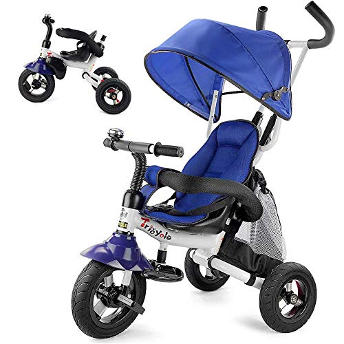 Triciclo para Niños, Plegable Triciclo Evolutivo con baranda Desmontable, toldo Ajustable, arnés de Seguridad, Pedal Plegable, Bolsa de Almacenamiento, Freno, diseño de absorción de Impactos (Azul)