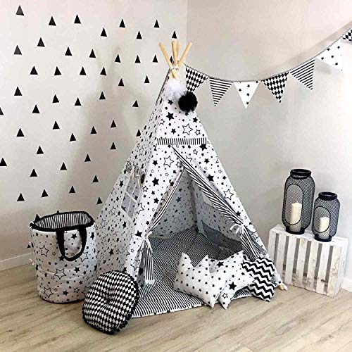 TS Tipi Teepee - Juego de 4 accesorios de tienda de campaña para niños, tienda india, cojín y manta, 14 colores (blanco y negro)