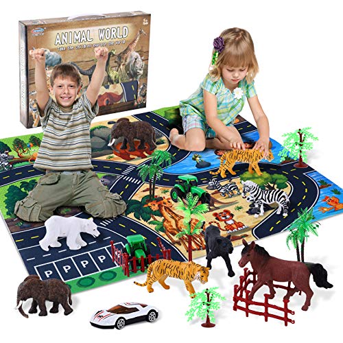 Ulikey Juguetes Animales con Tapete Juego, Juguetes Animales Salvajes de la Selva, Figuras Animales Juguete Educativo de Mundo Zoológico Forestal Regalo para Niños (A)