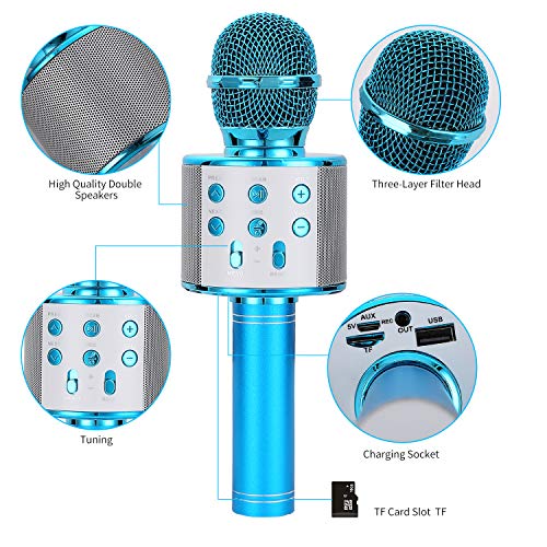 Ulikey Micrófono Karaoke Bluetooth, Micrófono Inalámbrico Bluetooth con Altavoz, Micrófono Karaoke Portátil para Niños Canta Partido Musica, Compatible con Android/iOS PC o Teléfono Inteligente (Blue)