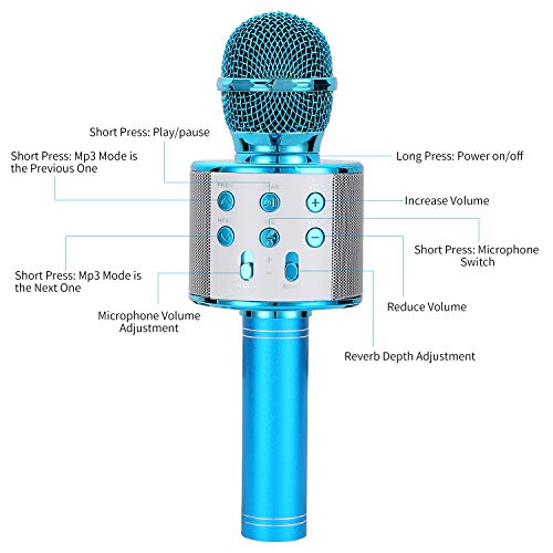 Ulikey Micrófono Karaoke Bluetooth, Micrófono Inalámbrico Bluetooth con Altavoz, Micrófono Karaoke Portátil para Niños Canta Partido Musica, Compatible con Android/iOS PC o Teléfono Inteligente (Blue)