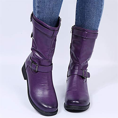 UMore Botines de Caña Media para Mujer Moda Botas Altas Invierno Mujer, Zapatos Mujer Cuña Planos Sintética Peluche Jinete Bajo Cómodos Peludas Calentitas