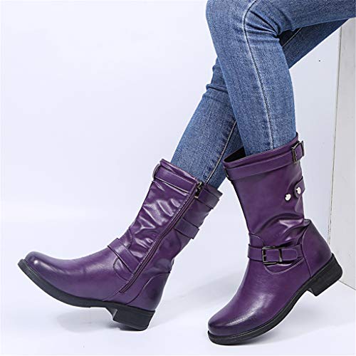 UMore Botines de Caña Media para Mujer Moda Botas Altas Invierno Mujer, Zapatos Mujer Cuña Planos Sintética Peluche Jinete Bajo Cómodos Peludas Calentitas