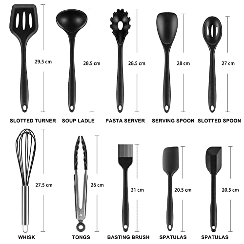 Utensilios de Cocina de Silicona,inaWarm 10 piezas Set Utensilios Accesorios Cocina Resistente al Calor,Pinzas Cocina Menaje de Cocina Antiadherente con Cuchara, Espatula, Batidor (Negro)