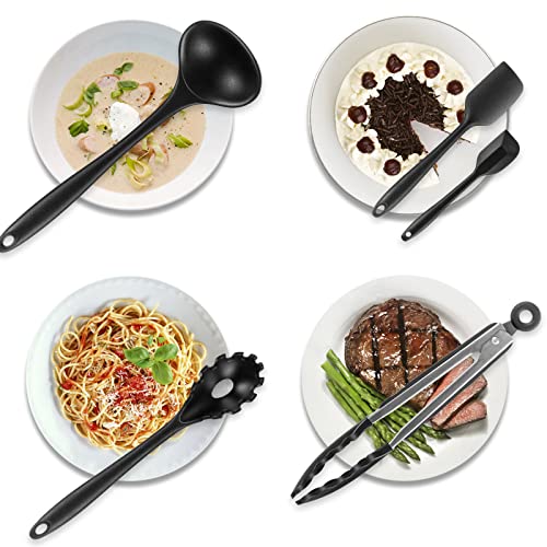 Utensilios de Cocina de Silicona,inaWarm 10 piezas Set Utensilios Accesorios Cocina Resistente al Calor,Pinzas Cocina Menaje de Cocina Antiadherente con Cuchara, Espatula, Batidor (Negro)