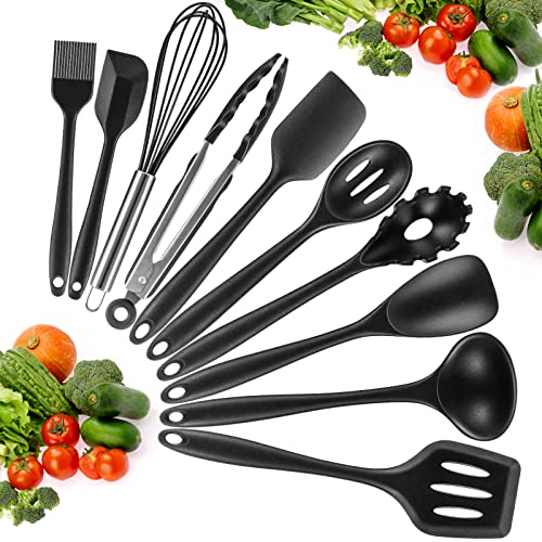 Utensilios de Cocina de Silicona,inaWarm 10 piezas Set Utensilios Accesorios Cocina Resistente al Calor,Pinzas Cocina Menaje de Cocina Antiadherente con Cuchara, Espatula, Batidor (Negro)