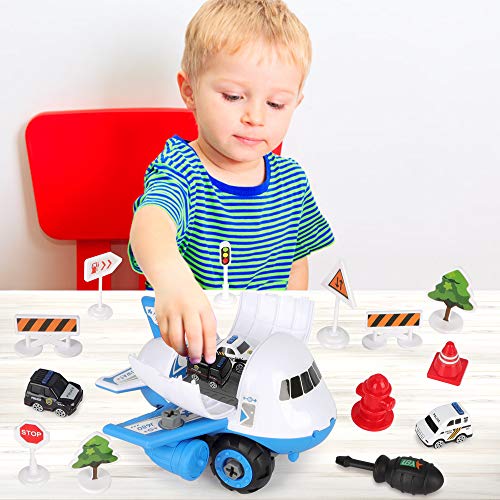 Veluoess Avión de Transporte de Juguete, Juguete de Coche de Avión con 4 Mini Coches de Policía y 11 Señales de Tráfico DIY Montar Juguete Educativo Regalo para Niños