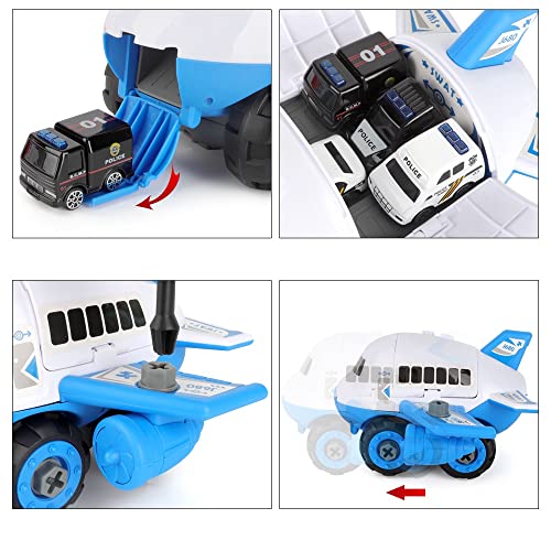 Veluoess Avión de Transporte de Juguete, Juguete de Coche de Avión con 4 Mini Coches de Policía y 11 Señales de Tráfico DIY Montar Juguete Educativo Regalo para Niños