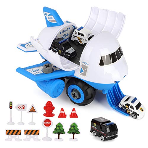 Veluoess Avión de Transporte de Juguete, Juguete de Coche de Avión con 4 Mini Coches de Policía y 11 Señales de Tráfico DIY Montar Juguete Educativo Regalo para Niños