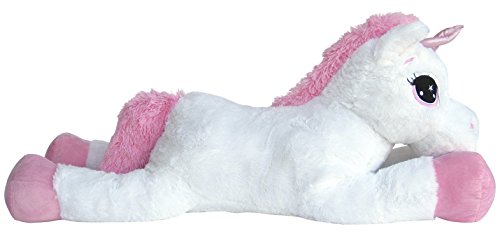 Wagner 9070 - Unicornio de peluche (tamaño XXL, tumbado, 110 cm), color blanco y rosa