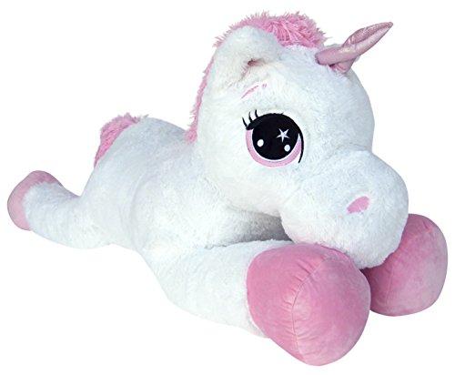 Wagner 9070 - Unicornio de peluche (tamaño XXL, tumbado, 110 cm), color blanco y rosa