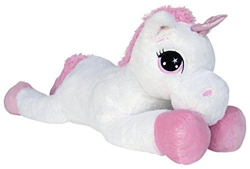 Wagner 9070 - Unicornio de peluche (tamaño XXL, tumbado, 110 cm), color blanco y rosa