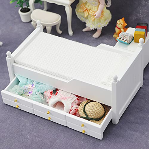 Washranp DIY casa de muñecas miniaturas, cajón cama decoración hecha a mano madera 1/12 escala cajón cama modelo juguete para jugar de roles - blanco