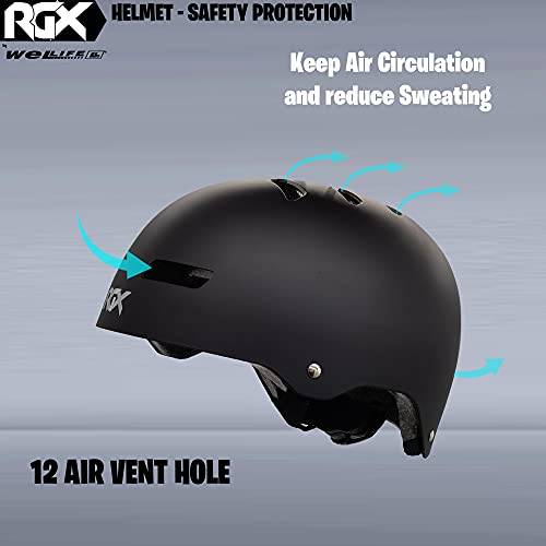 WeLLIFE Casco para niños ajustable – Casco negro RGX apto para monopatín, bicicleta, patines, seguridad ideal multideporte, ligero y seguro