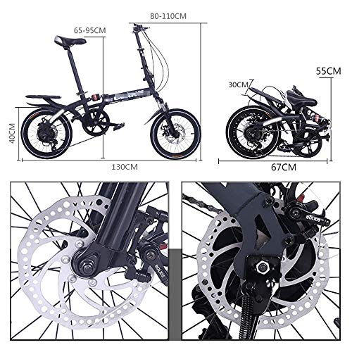 WENHAO Bicicleta adulta plegable, bicicleta portátil de 14/16 pulgadas, regulación de velocidad de 6 velocidades, frenos de disco dual, asiento ajustable, bicicleta de cercanías de absorción rápida y