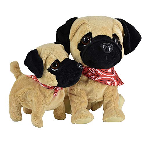 WEofferwhatYOUwant Pug Daddy y Pug Puppy - Dos Perros Juguete Electrónicos de Felpa - Tacto y Sonido Activado,Hace Trucos, Ladra y Acaricia. Disfruta de Ambos Pugs. Edades de 18 Meses