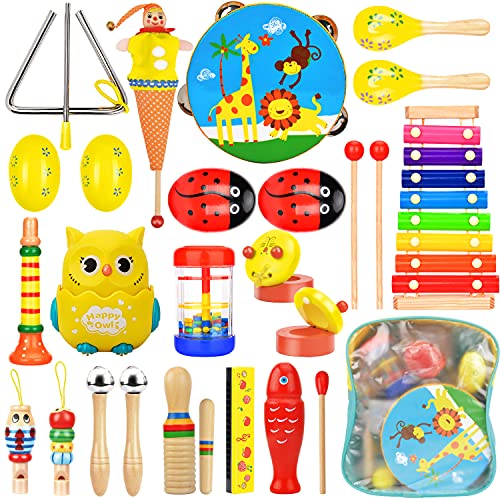 Wesimplelife Juguetes Musicales Instrumentos Musicales para Niños Música Juguete Instrumento Educativo Xilófono Madera Set con Una Bolsa de Transporte Bebés Regalos para los Niños