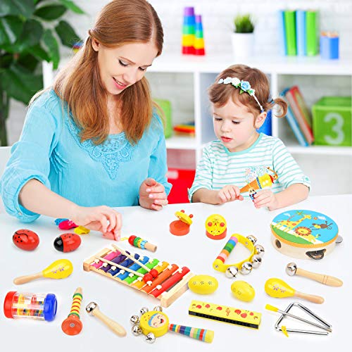 Wesimplelife Juguetes Musicales Instrumentos Musicales para Niños Música Juguete Instrumento Educativo Xilófono Madera Set con Una Bolsa de Transporte Bebés Regalos para los Niños