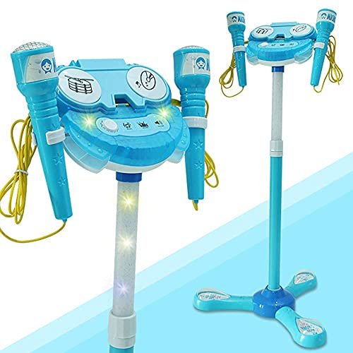 WETCEAOM Karaoke Infantil con pie, con 2pcs Micrófono ,Luces LED para niños (azul)