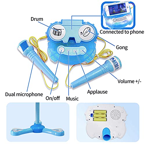 WETCEAOM Karaoke Infantil con pie, con 2pcs Micrófono ,Luces LED para niños (azul)