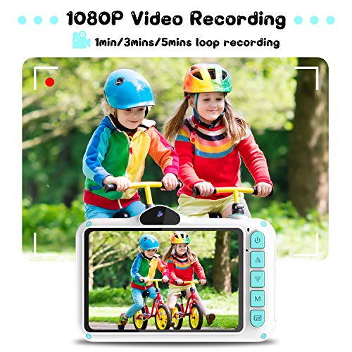 WOWGO Cámara para Niños, 3,5'' Digital Selfie Cámara Infantil Cámara Vídeo con 12 Megapíxeles, 1080P HD, Lente Dual, 32 GB Tarjeta TF, Pegatinas, Regalo para Niños