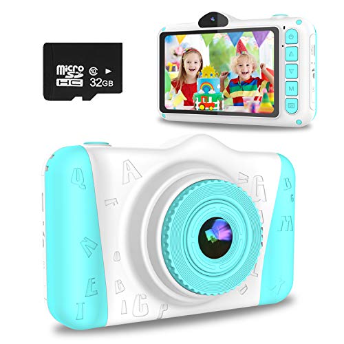 WOWGO Cámara para Niños, 3,5'' Digital Selfie Cámara Infantil Cámara Vídeo con 12 Megapíxeles, 1080P HD, Lente Dual, 32 GB Tarjeta TF, Pegatinas, Regalo para Niños