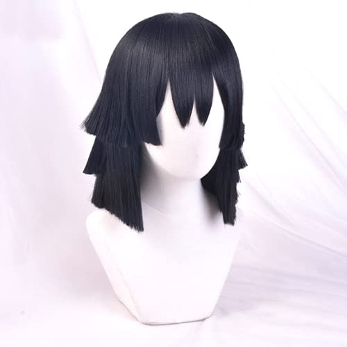 Wxypreey Anime Demon Slayer Cosplay peluca Iguro Obanai disfraz peluca negro azul resaltado Anime peluca + gorro de peluca