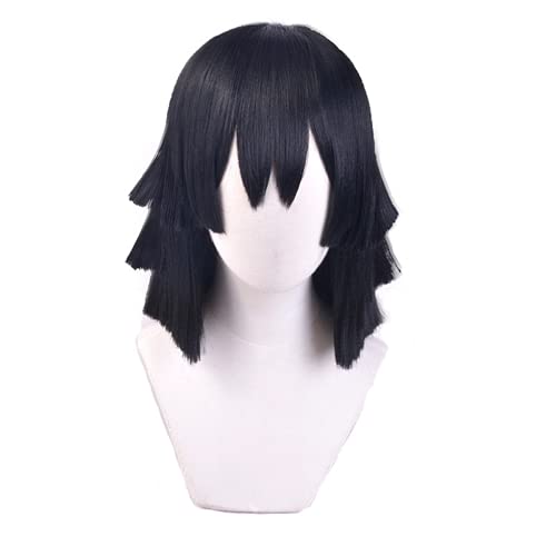 Wxypreey Anime Demon Slayer Cosplay peluca Iguro Obanai disfraz peluca negro azul resaltado Anime peluca + gorro de peluca