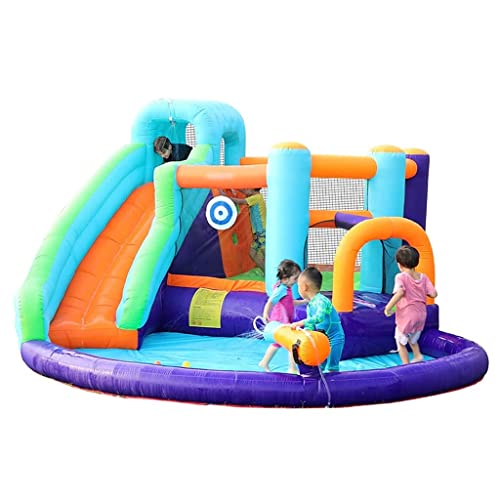 WYQQ Castillos hinchables Castillo Inflable para niños Dibujos Animados de Verano Al Aire Libre Trampolín Inflable Grande Regalo Favorito de los niños Zona de Juegos Tobogán Inflable (Color: Azul