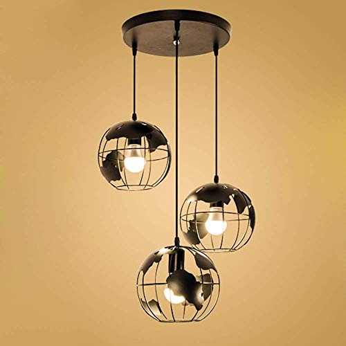 XXLYY Lámpara Colgante de Mapa del Mundo de 3 Luces, Pantalla de Mapa de Globo, Pantalla de lámpara de Metal Industrial Vintage (20 cm, Negro)