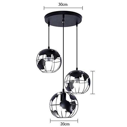 XXLYY Lámpara Colgante de Mapa del Mundo de 3 Luces, Pantalla de Mapa de Globo, Pantalla de lámpara de Metal Industrial Vintage (20 cm, Negro)