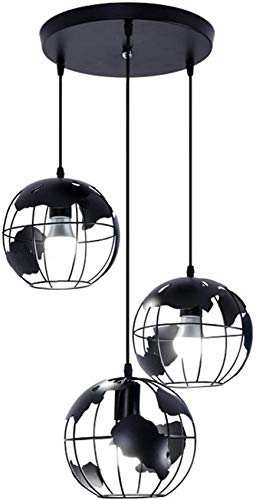 XXLYY Lámpara Colgante de Mapa del Mundo de 3 Luces, Pantalla de Mapa de Globo, Pantalla de lámpara de Metal Industrial Vintage (20 cm, Negro)