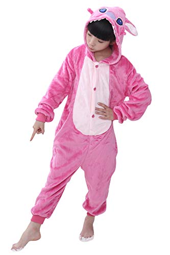 YAOMEI Niños Onesies Kigurumi Pijamas, Niña Traje Disfraz Capucha, Ropa de Dormir Halloween Cosplay Navidad Animales de Vestuario (130 para Niño Altura 120-130CM (47"-51"), Rosa Puntada)