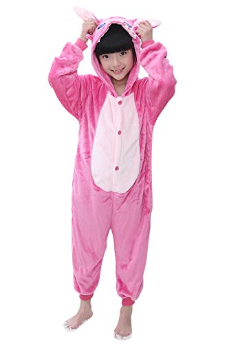 YAOMEI Niños Onesies Kigurumi Pijamas, Niña Traje Disfraz Capucha, Ropa de Dormir Halloween Cosplay Navidad Animales de Vestuario (130 para Niño Altura 120-130CM (47"-51"), Rosa Puntada)