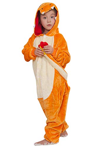 YAOMEI Niños Onesies Kigurumi Pijamas, Niña Traje Disfraz Capucha, Ropa de Dormir Halloween Cosplay Navidad Animales de Vestuario (140 para Niño Altura 130-140CM (51"-55"), Charizard)