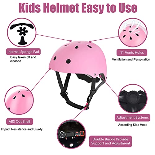 Yuanj Juego de protecciones deportivas para niños, casco infantil, rodilleras, coderas y muñeca para patines de rueda, monopatín, bicicleta y otros deportes extremos, apto para 3 – 8 años – Rosa