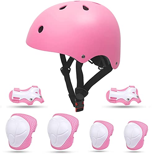 Yuanj Juego de protecciones deportivas para niños, casco infantil, rodilleras, coderas y muñeca para patines de rueda, monopatín, bicicleta y otros deportes extremos, apto para 3 – 8 años – Rosa