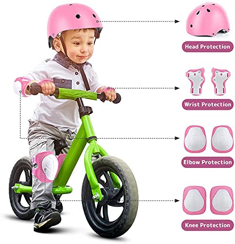 Yuanj Juego de protecciones deportivas para niños, casco infantil, rodilleras, coderas y muñeca para patines de rueda, monopatín, bicicleta y otros deportes extremos, apto para 3 – 8 años – Rosa