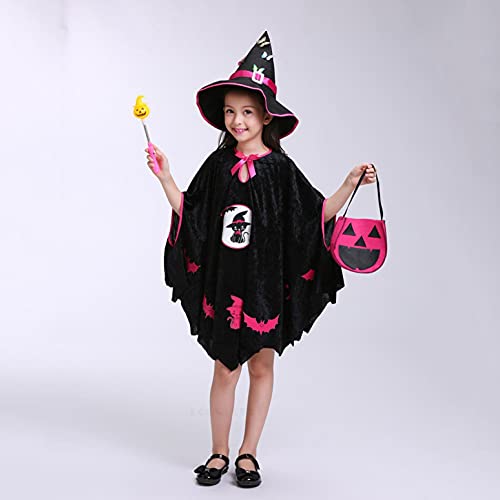 YWLINK Disfraz de Bruja Niña Vestido Tutú Princesa Brillantes Estrellas con Sombrero Bolsa de Dulces Varita Traje Reina Oscuridad para Halloween Fiesta Carnaval