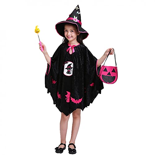 YWLINK Disfraz de Bruja Niña Vestido Tutú Princesa Brillantes Estrellas con Sombrero Bolsa de Dulces Varita Traje Reina Oscuridad para Halloween Fiesta Carnaval