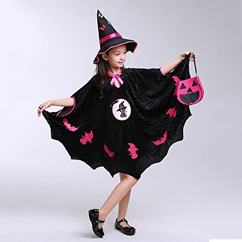 YWLINK Disfraz de Bruja Niña Vestido Tutú Princesa Brillantes Estrellas con Sombrero Bolsa de Dulces Varita Traje Reina Oscuridad para Halloween Fiesta Carnaval