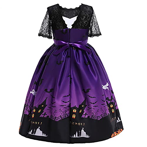 YWLINK NiñOs Vestido Ceremonial Halloween NiñA Cosplay Princesa Vestido Disfraz De Bruja para NiñOs, Disfraz De Halloween,Vestido Estampado Vestido De Encaje con Estampado De Calaveras