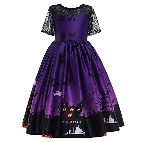 YWLINK NiñOs Vestido Ceremonial Halloween NiñA Cosplay Princesa Vestido Disfraz De Bruja para NiñOs, Disfraz De Halloween,Vestido Estampado Vestido De Encaje con Estampado De Calaveras