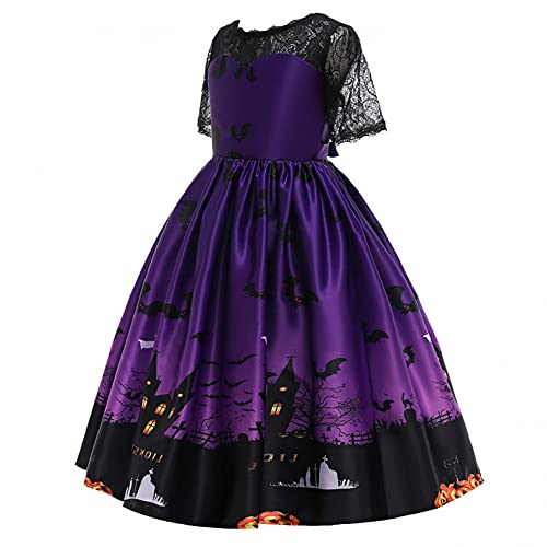 YWLINK NiñOs Vestido Ceremonial Halloween NiñA Cosplay Princesa Vestido Disfraz De Bruja para NiñOs, Disfraz De Halloween,Vestido Estampado Vestido De Encaje con Estampado De Calaveras