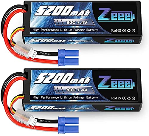 Zeee 2S Lipo Batería 5200mAh 7.4V 80C Estuche rígido Batería con Enchufe EC5 para 1/8 1/10 Vehículos RC Coche RC Buggy Truggy RC Avión UAV Drone FPV (2 Unidades)