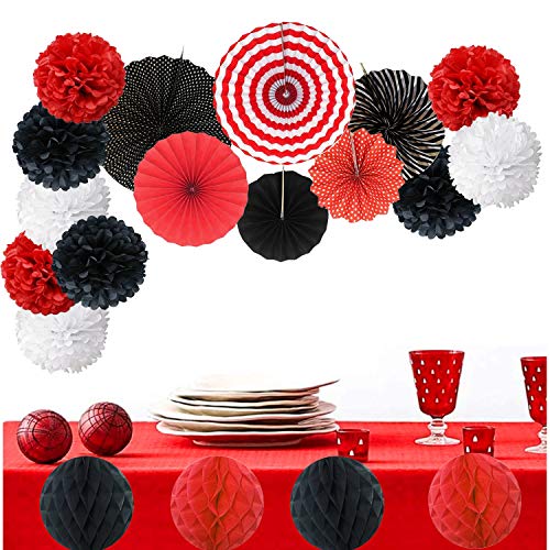 Zerodeco Rojo Negro y Blanco Abanicos de Papel Bola de Nido Pom Poms Ventilador de Papel para Colgar Decoración para Cumpleaños Boda Carnaval Bebé Ducha Home Party Supplies Decoración