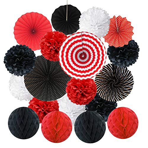 Zerodeco Rojo Negro y Blanco Abanicos de Papel Bola de Nido Pom Poms Ventilador de Papel para Colgar Decoración para Cumpleaños Boda Carnaval Bebé Ducha Home Party Supplies Decoración