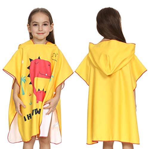 ZOOMY Toalla de Playa con Capucha para niños Lindo Dinosaurio de Dibujos Animados Impreso Pullover Swim Pool Coverup Poncho Cape Cuerda de baño portátil - 6# Amarillo - M