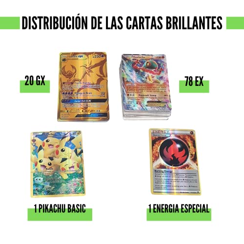 100 Cartas Brillantes Coleccionables en Español. Tarjetas Extraoficiales con Cartas en Inglés EX, GX, Energía Especial, Carta Básica.